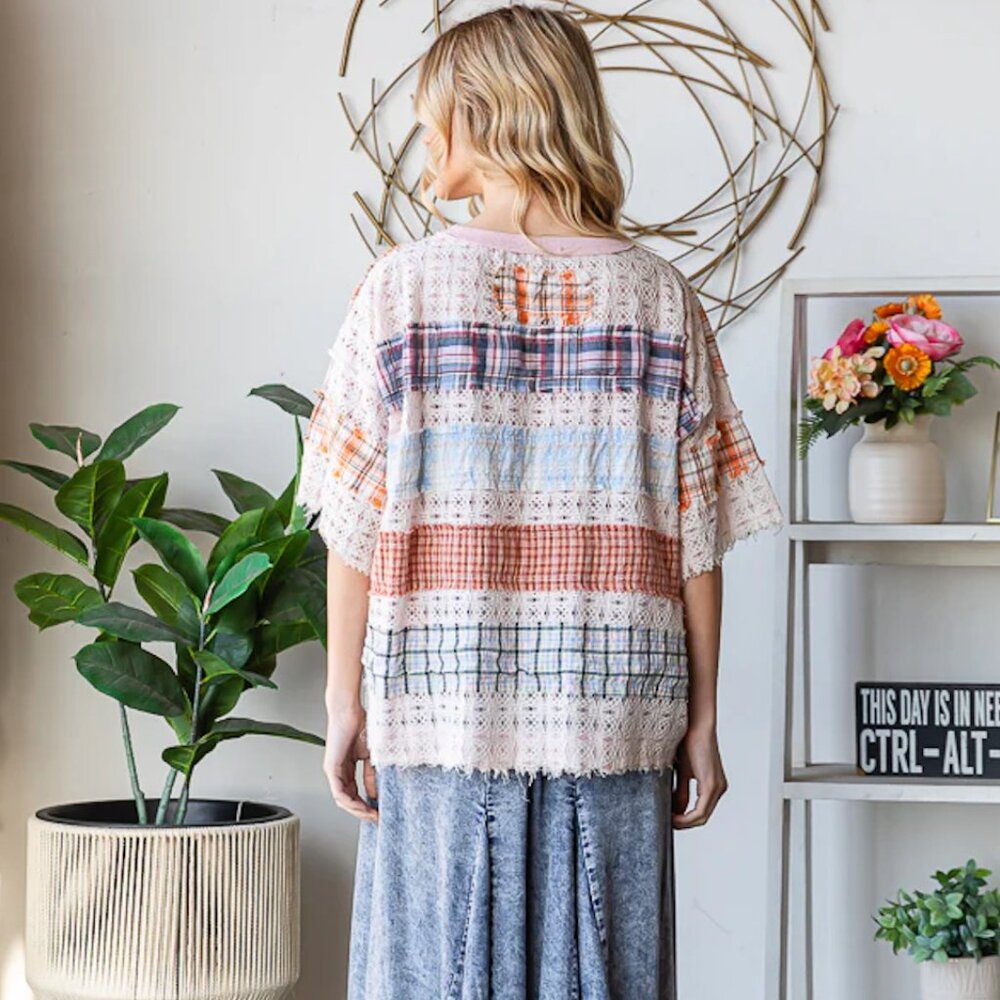 Oli & Hali Lace Plaid Mix Knit Top in Blush - Picture 5 of 6